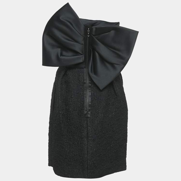 Pre Owned Lanvin Black Satin and Textured Jacquard Bow Detail Strapless Mini Dress M