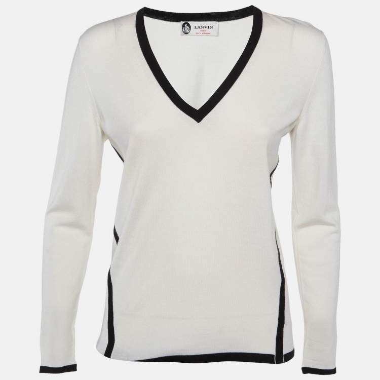 Pre Owned Lanvin White Contrast Trim Wool Knit V-Neck Sweater S