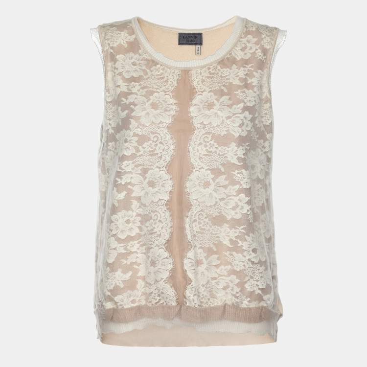 Pre Owned Lanvin Beige Floral Lace Cotton Sleeveless Top L