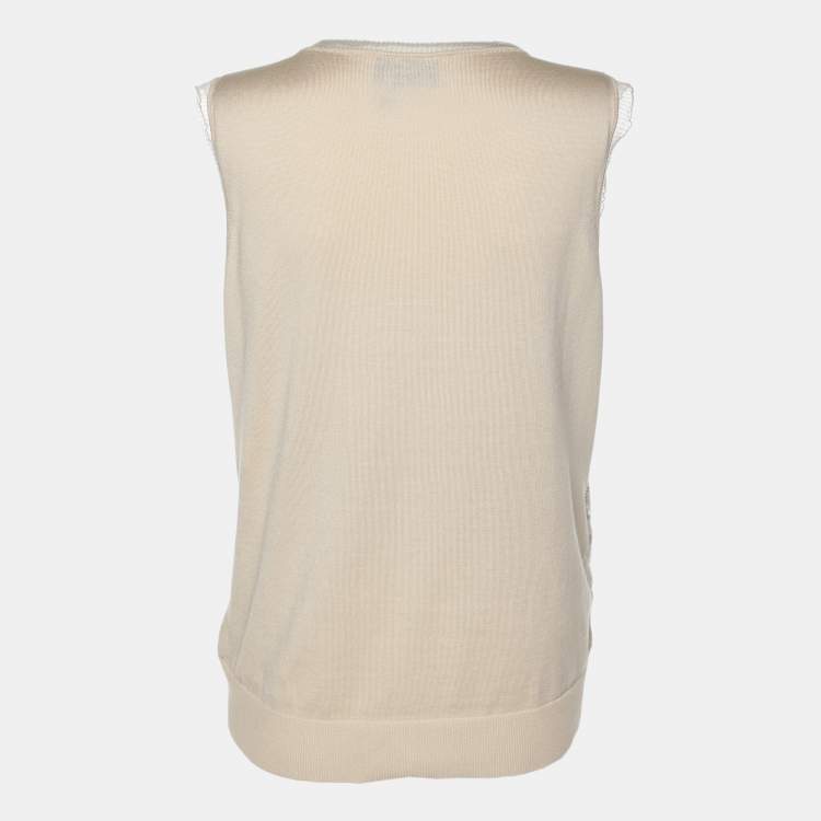 Pre Owned Lanvin Beige Floral Lace Cotton Sleeveless Top L