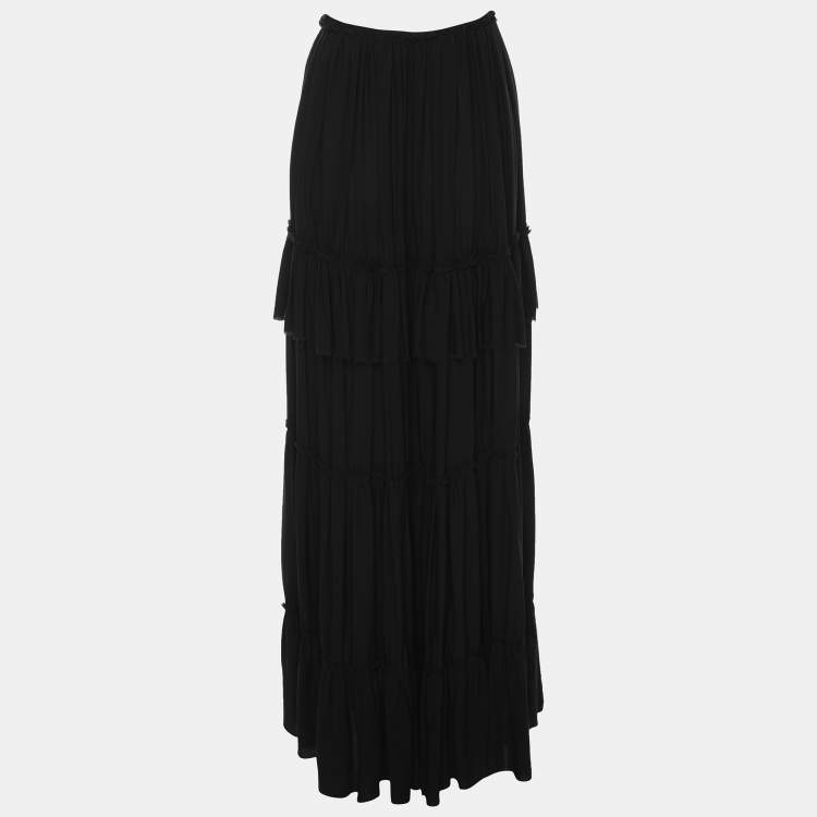 Pre Owned Lanvin Black Silk Layered Ruffle Maxi Skirt L