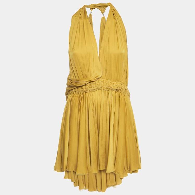 Pre Owned Lanvin Yellow Satin Gathered Mini Dress S