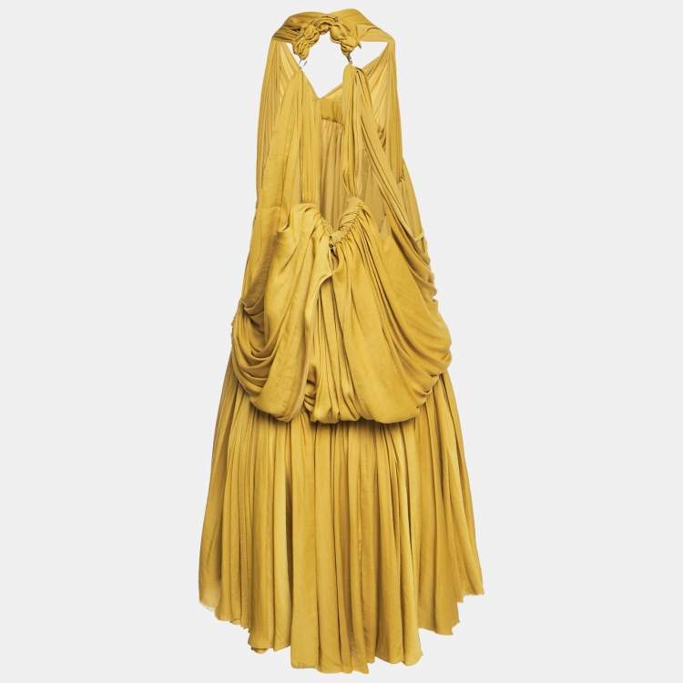 Pre Owned Lanvin Yellow Satin Gathered Mini Dress S