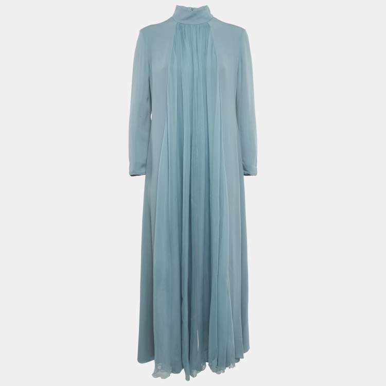 Pre Owned Lanvin Slate Blue Silk Drape Detail Maxi Dress L