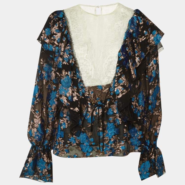 Pre Owned Lanvin Black Floral Brocade & Lace Ruffled Blouse M