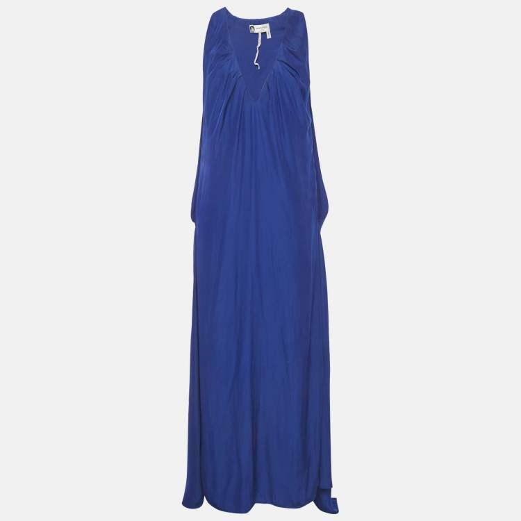 Pre Owned Lanvin Blue Crepe & Silk Drape Detail Maxi Dress S 