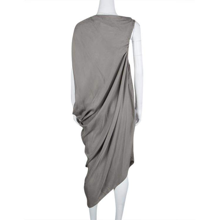 Pre Owned Lanvin Grey Gathered Tie Detail Draped Asymmetric Dress M