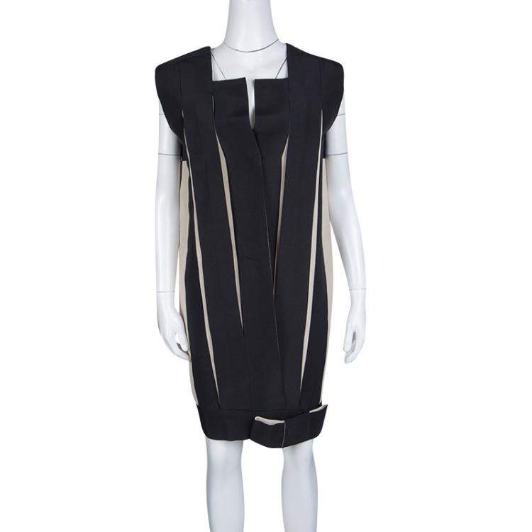 Pre Owned Lanvin Black and Cream Box Pleated Bow Detail Sleeveless Dress M