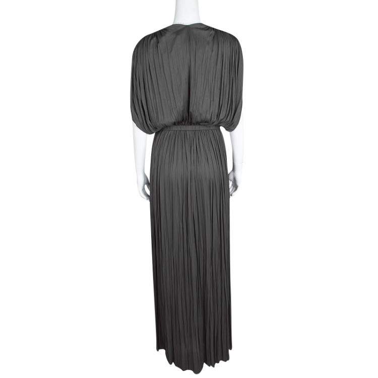 Pre Owned Lanvin Grey Draped Plisse Gathered Belted Maxi Dress S