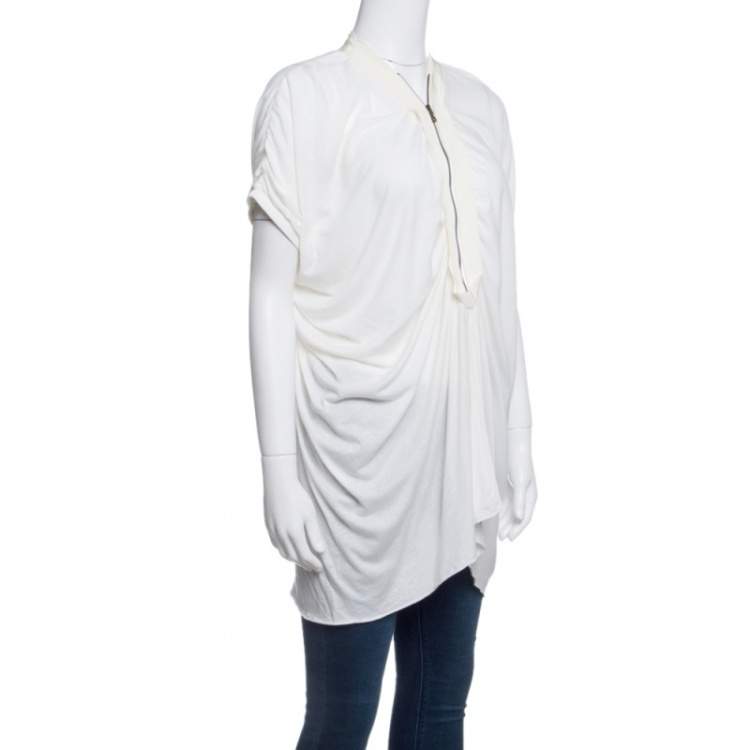 Pre Owned Lanvin Cream Ruched Detail Short Sleeve Tunic M