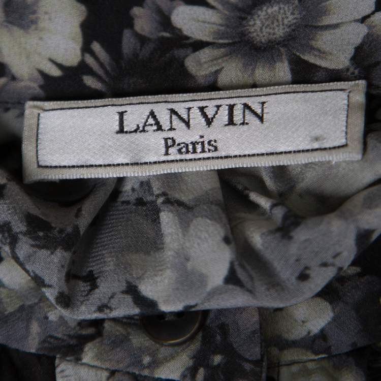 Pre Owned Lanvin Dark Grey Floral Printed Silk Belted Midi Dress S