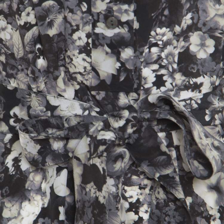Pre Owned Lanvin Dark Grey Floral Printed Silk Belted Midi Dress S