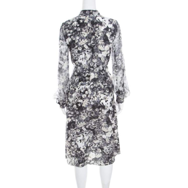 Pre Owned Lanvin Dark Grey Floral Printed Silk Belted Midi Dress S