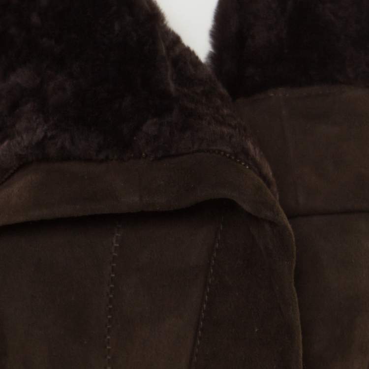 Pre Owned Lanvin Chocolate Brown Lambskin Leather Shearling Lined Biker Jacket M