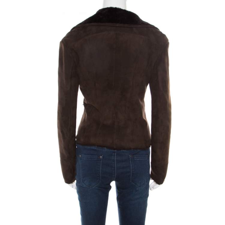 Pre Owned Lanvin Chocolate Brown Lambskin Leather Shearling Lined Biker Jacket M