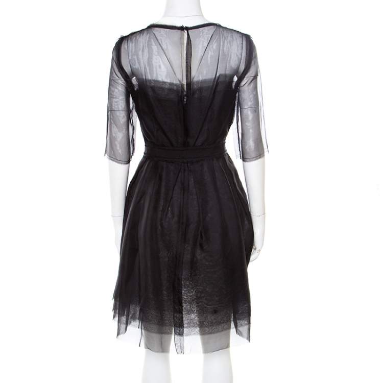 Pre Owned Lanvin Black Silk Organza Raw Edge Detail Sheer Yoke Layered Dress S