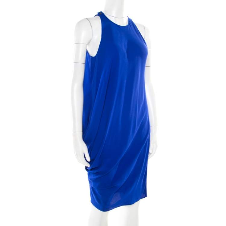 Pre Owned Lanvin Electric Blue Silk Sleeveless Draped Dress S