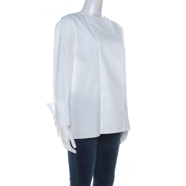 Pre Owned Lanvin White Cotton Long Sleeve Tuxedo Blouse M 