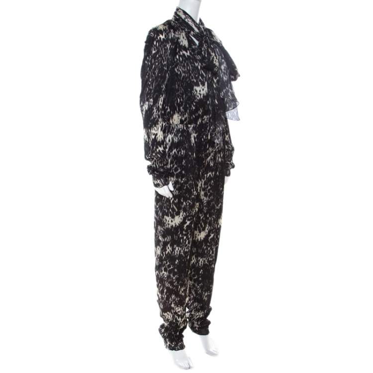 Pre Owned Lanvin Black & White Printed Neck Bow Detail Elastic Waist Jumpsuit L