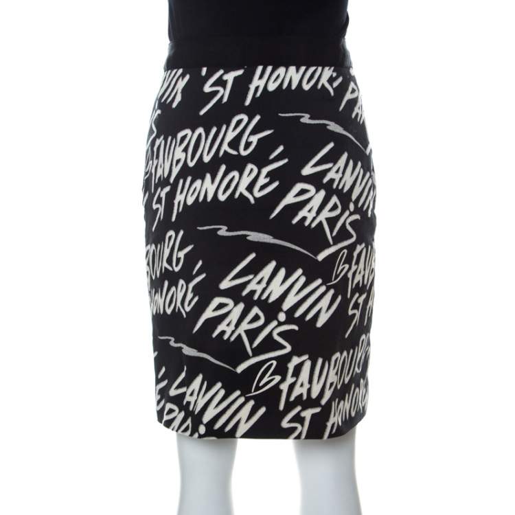 Pre Owned Lanvin Black Printed Cotton Stretch Sheath Skirt M