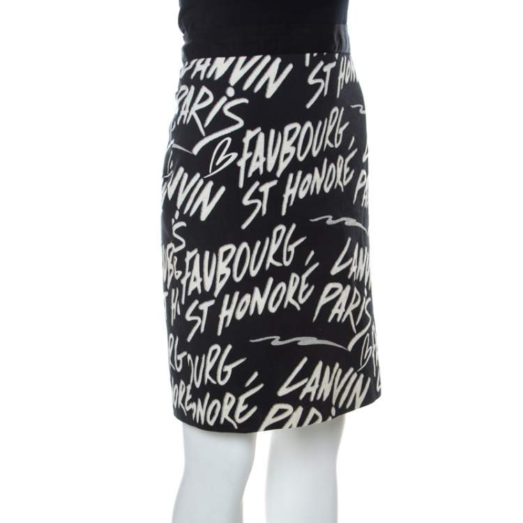 Pre Owned Lanvin Black Printed Cotton Stretch Sheath Skirt M