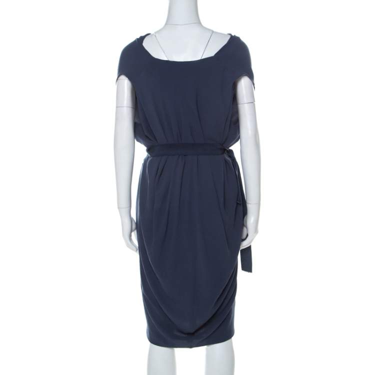 Pre Owned Lanvin Blue-Grey Crepe Gathered Waist Belted Draped Dress M