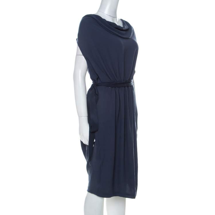 Pre Owned Lanvin Blue-Grey Crepe Gathered Waist Belted Draped Dress M