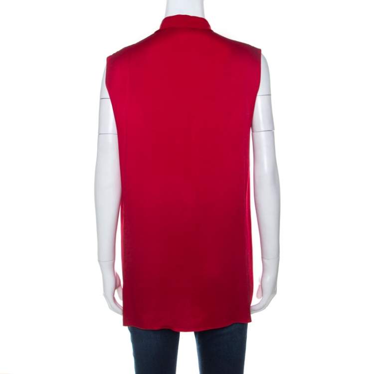 Pre Owned Lanvin Cherry Red Satin Neck Tie Detail Sleeveless Blouse M