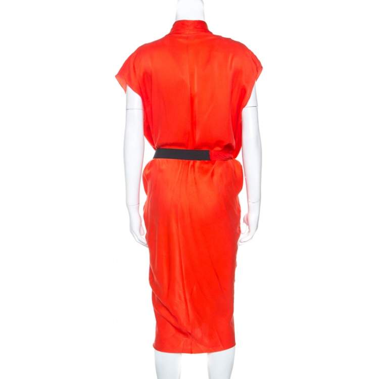 Pre Owned Lanvin Orange Silk Draped Front Belted Dress M
