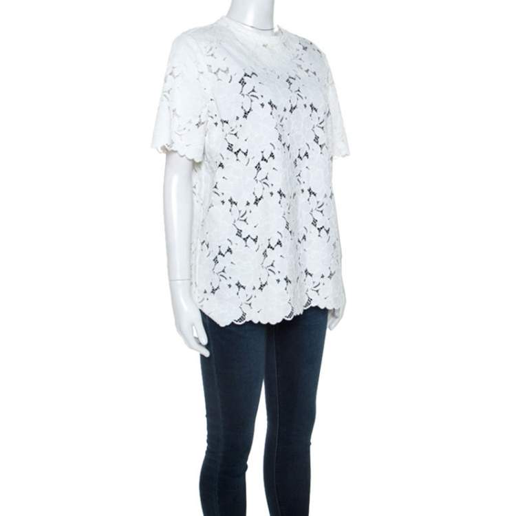 Pre Owned Lanvin White Guipure Lace Short Sleeve Top L