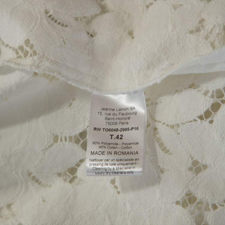 Pre Owned Lanvin White Guipure Lace Short Sleeve Top L