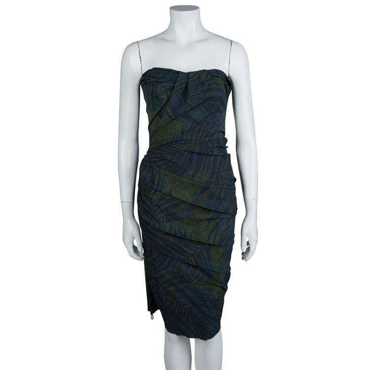 Pre Owned Lanvin Bottle Green Palm Leaf Print Strapless Ruched Midi Dress M