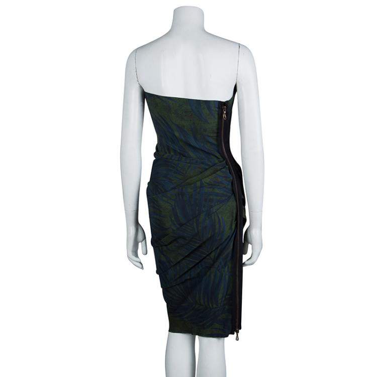 Pre Owned Lanvin Bottle Green Palm Leaf Print Strapless Ruched Midi Dress M