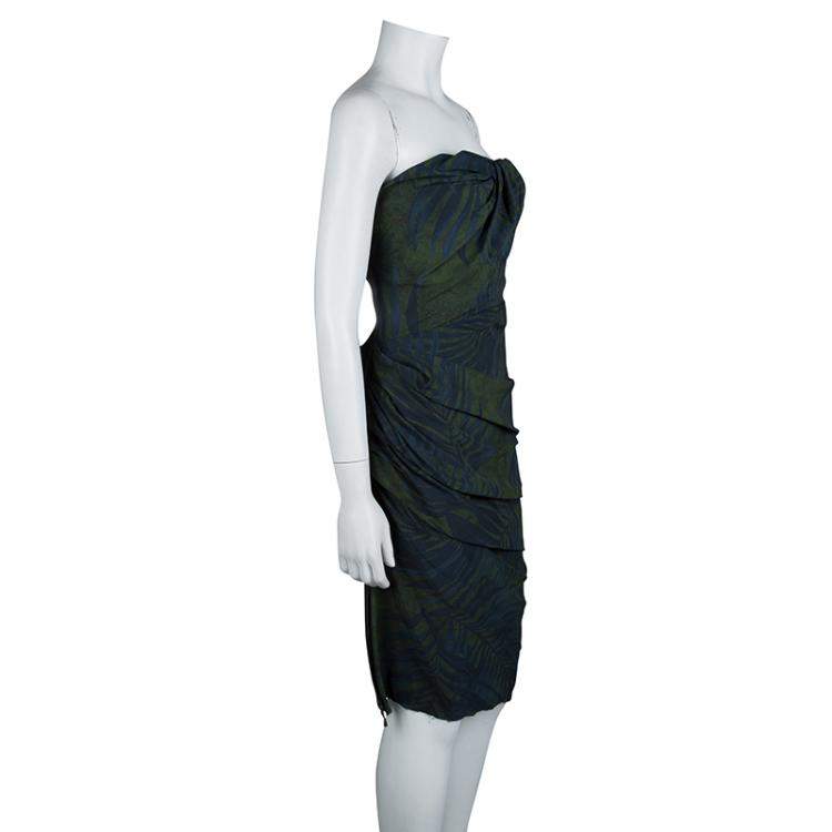 Pre Owned Lanvin Bottle Green Palm Leaf Print Strapless Ruched Midi Dress M