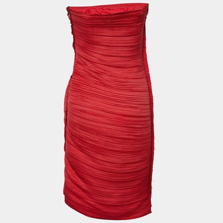 Pre Owned Lanvin Red Plisse Strapless Mini Dress M
