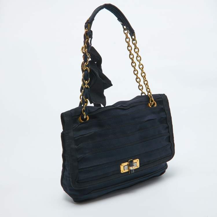 Pre Owned Lanvin Black/Navy Blue Fabric Pleated Happy Shoulder Bag