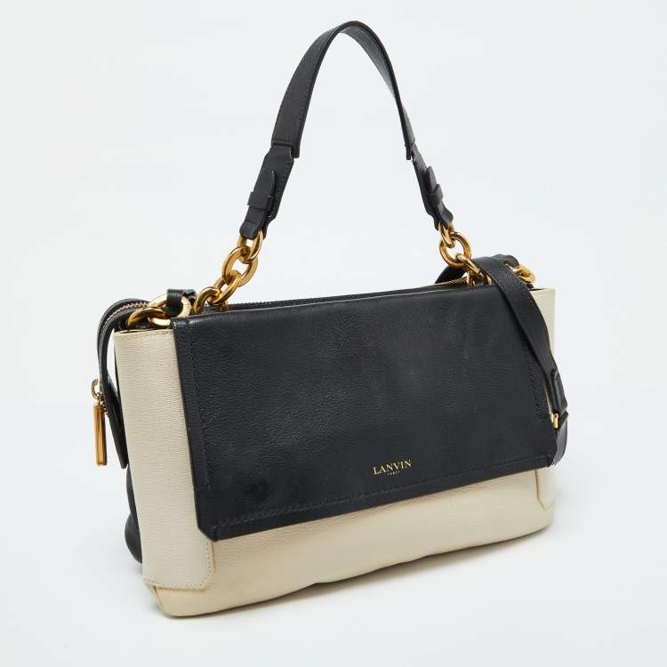 Pre Owned Lanvin Black/White White Leather Zip Shoulder Bag