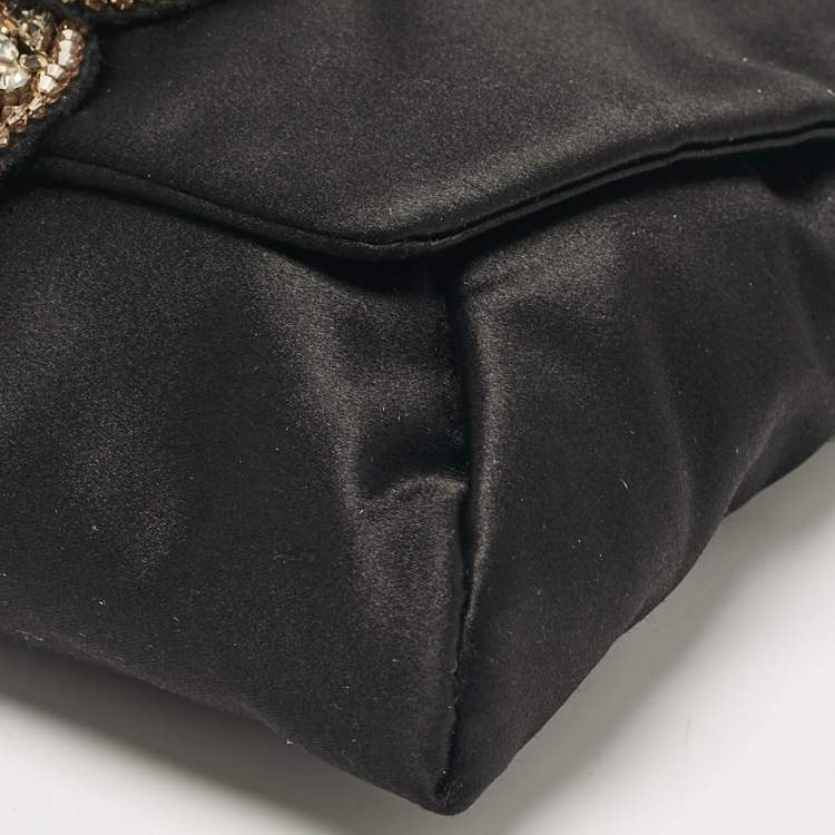 Pre Owned Lanvin Black Satin Floral Crystals Applique Chain Clutch