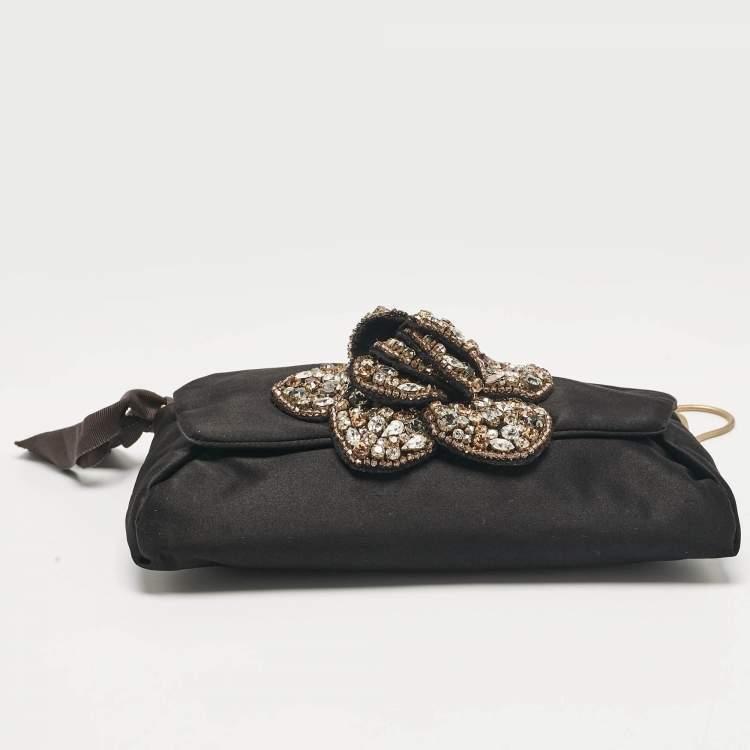 Pre Owned Lanvin Black Satin Floral Crystals Applique Chain Clutch