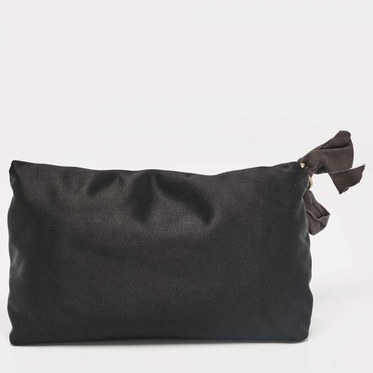 Pre Owned Lanvin Black Satin Floral Crystals Applique Chain Clutch