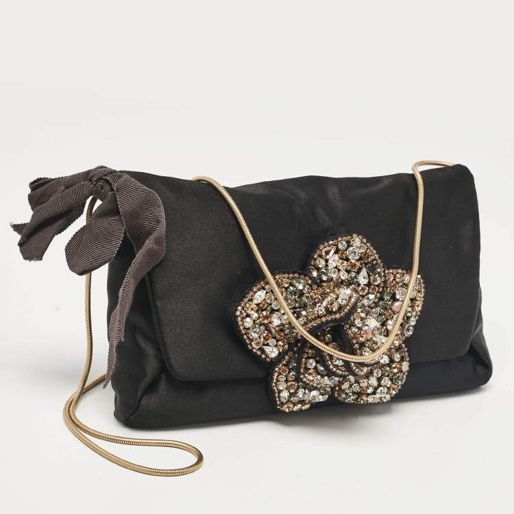 Pre Owned Lanvin Black Satin Floral Crystals Applique Chain Clutch