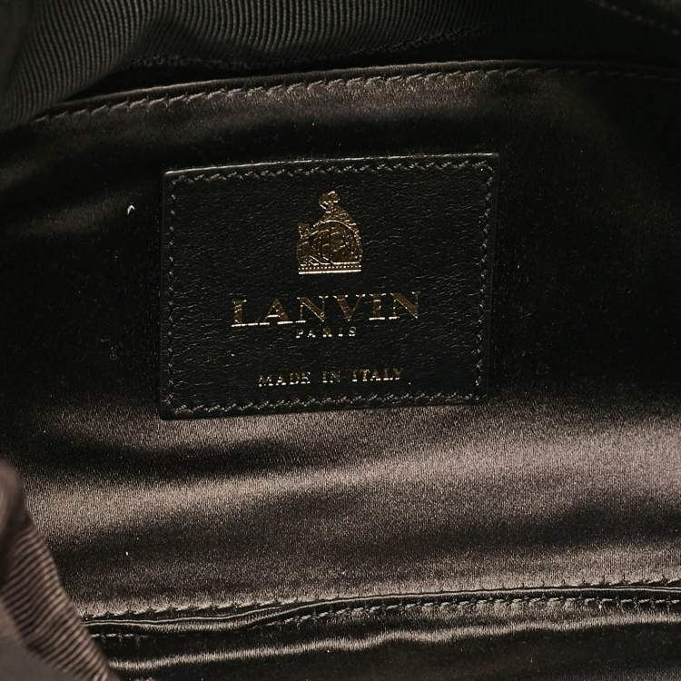 Pre Owned Lanvin Black Satin Floral Crystals Applique Chain Clutch