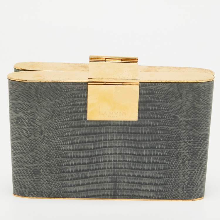 Pre Owned Lanvin Blue Lizard Crystal Flap Frame Clutch