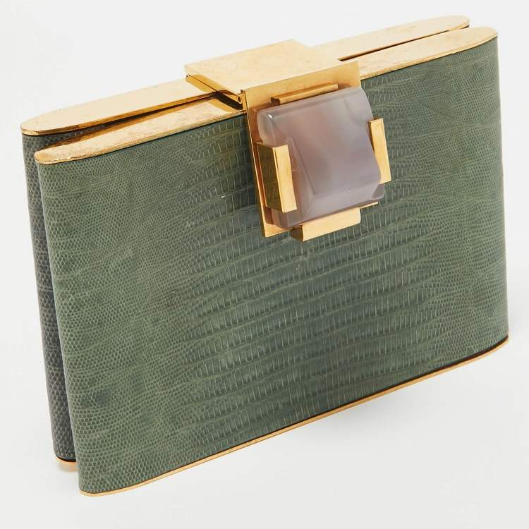 Pre Owned Lanvin Blue Lizard Crystal Flap Frame Clutch