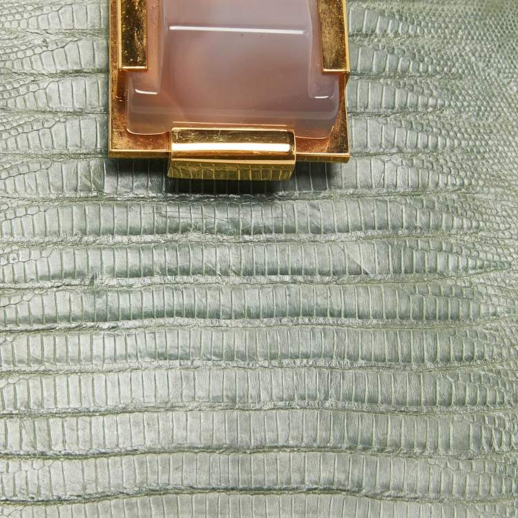 Pre Owned Lanvin Blue Lizard Crystal Flap Frame Clutch