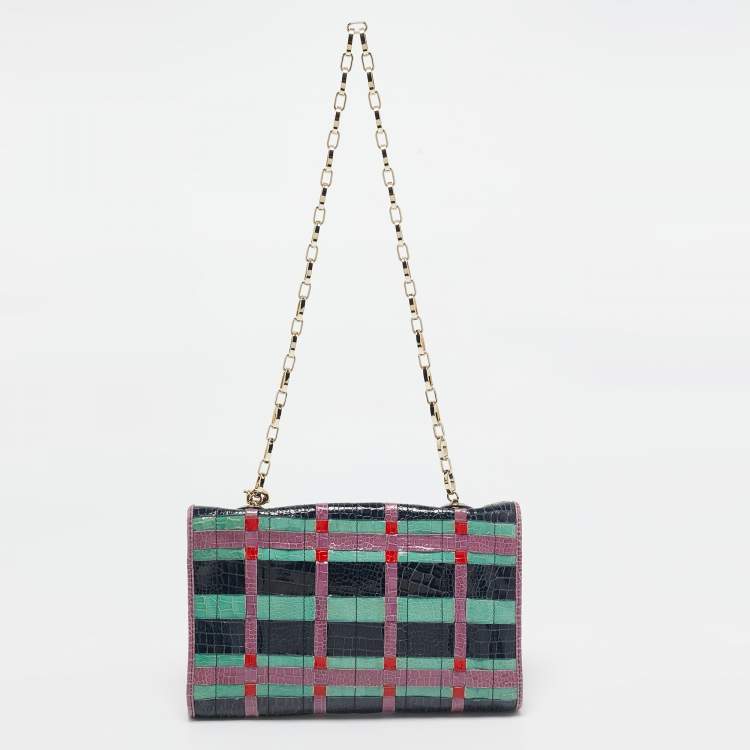 Pre Owned Lanvin Multicolor Woven Croc Embossed Patent Leather Flap Shoulder Bag