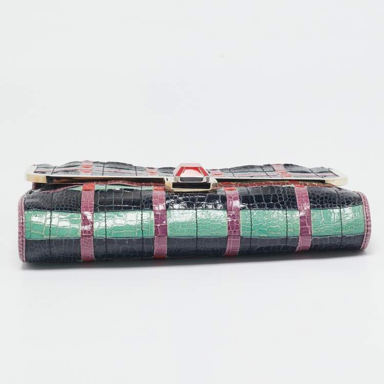 Pre Owned Lanvin Multicolor Woven Croc Embossed Patent Leather Flap Shoulder Bag