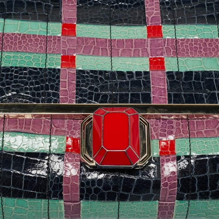 Pre Owned Lanvin Multicolor Woven Croc Embossed Patent Leather Flap Shoulder Bag
