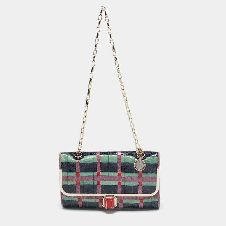 Pre Owned Lanvin Multicolor Woven Croc Embossed Patent Leather Flap Shoulder Bag
