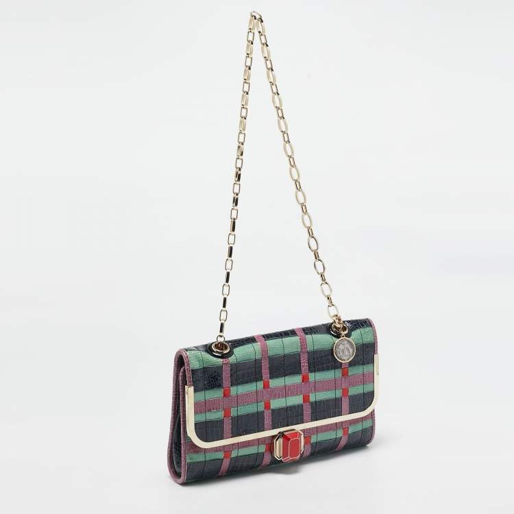 Pre Owned Lanvin Multicolor Woven Croc Embossed Patent Leather Flap Shoulder Bag